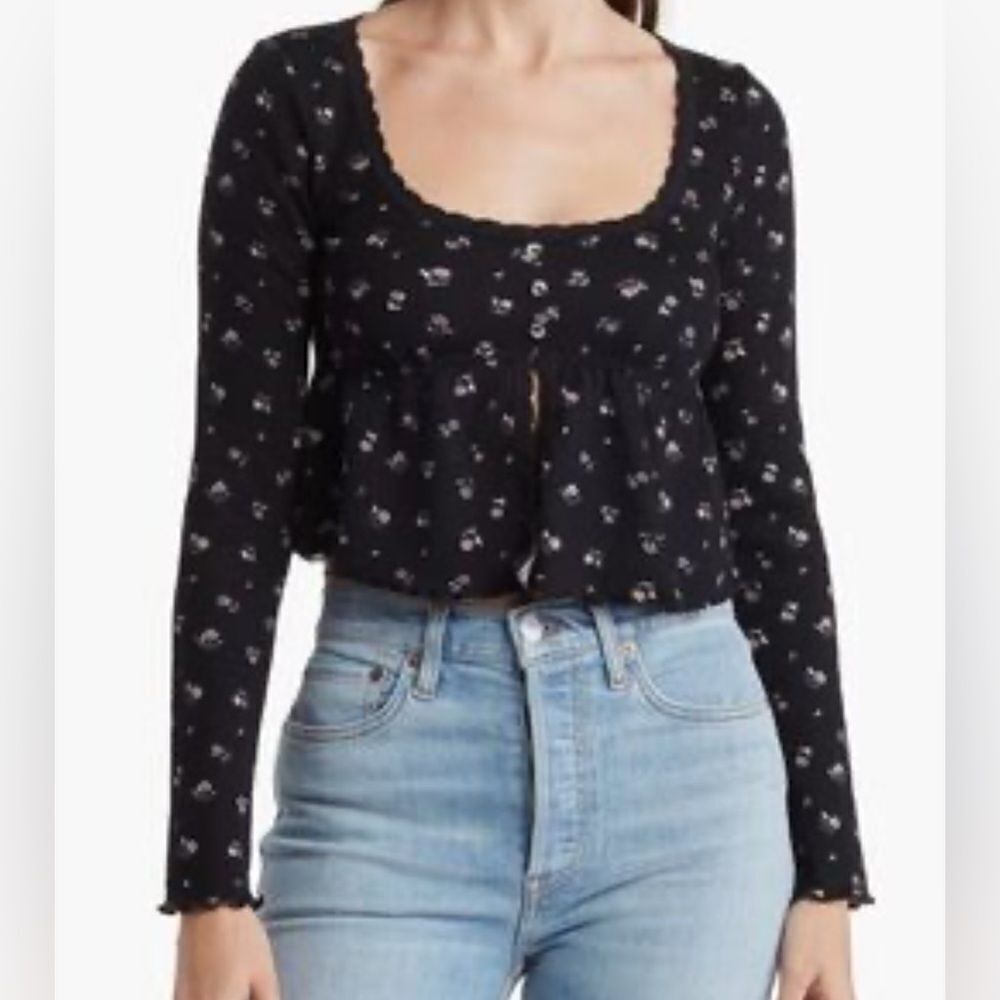 NWOT Kirious Floral Babydoll Top Black Waffle Knit Cropped Fairy Grunge Size S